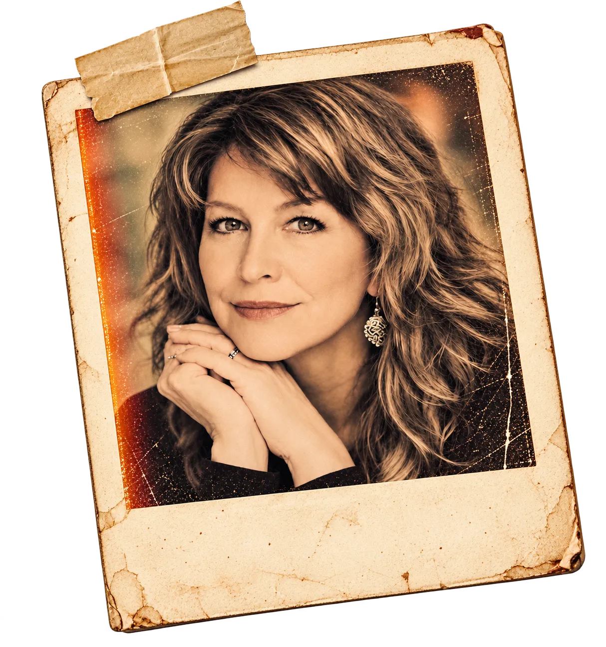 Kelli Joel in a full-color aged-paper polaroid portrait with masking tape
