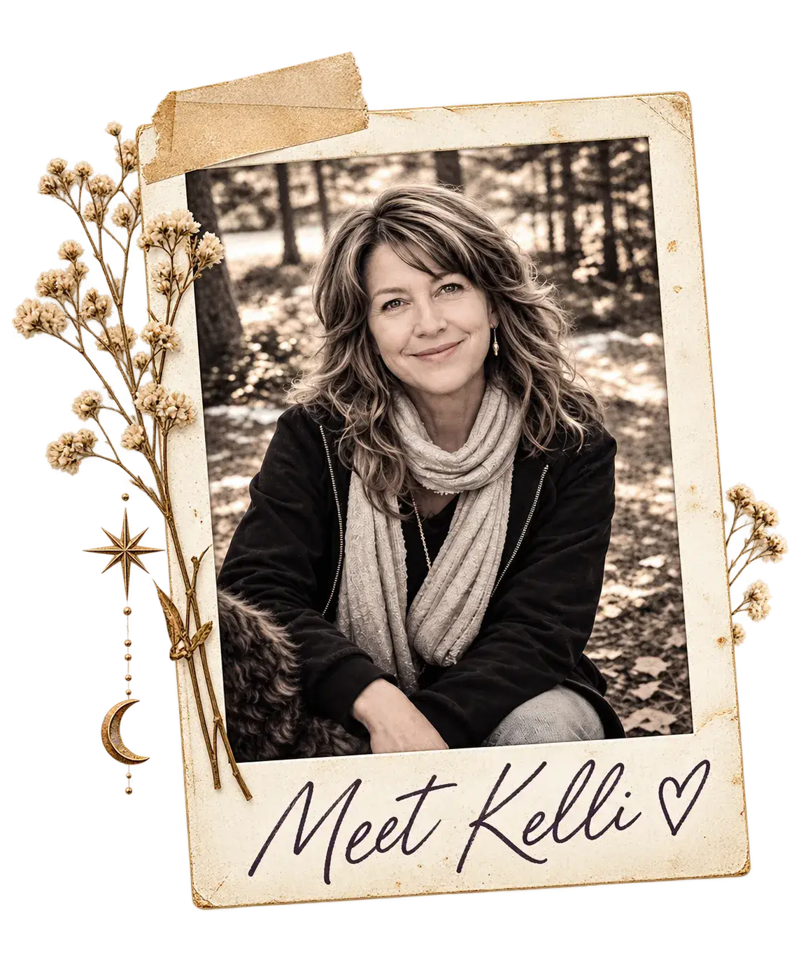 Meet Kelli in a sepia polaroid portrait with handwritten lettering and botanical details