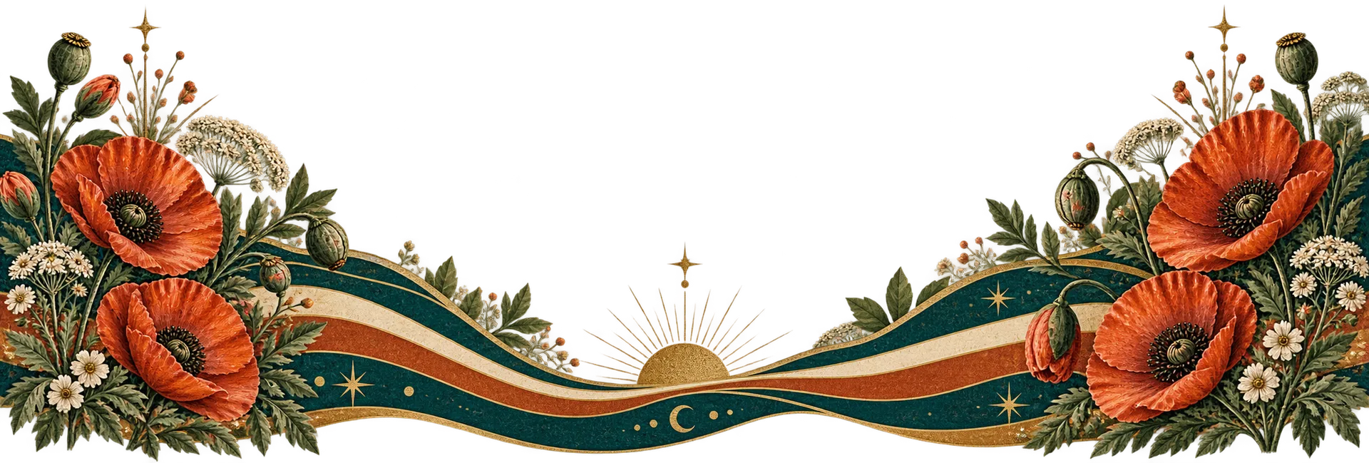 Full-color poppy, foliage, ribbon, star, and sunburst artwork