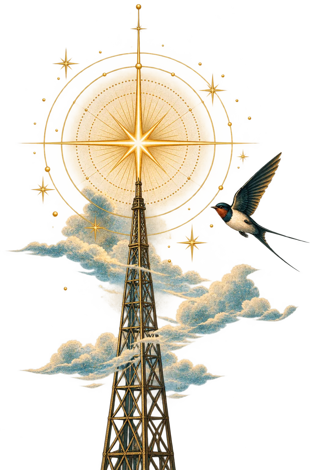 Gold radio tower with starburst, clouds, and a fully visible swallow in flight