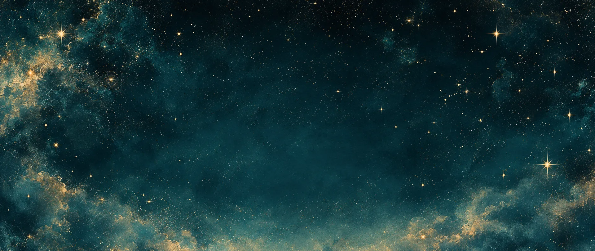 Deep teal starfield with gold stars and celestial clouds